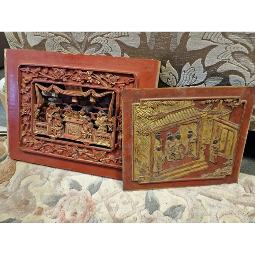 55a - Trio of Early Chinese Carved Wooden Panels