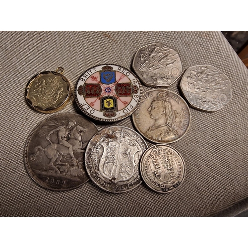 72a - Collection of Silver and Other Coins inc 1889 Crown, 1887 Coronation Coins, Commemorative 50ps