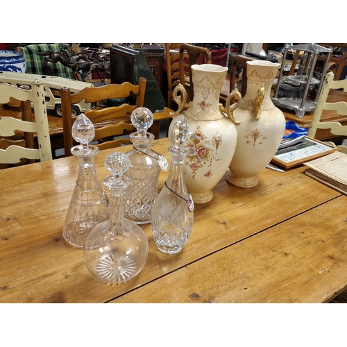 137k - Pair of Crown Devon Blush Vases (one A/F) + a Quartet of Crystal Decanters