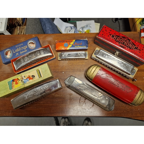 63f - Collection of 5 Boxed Harmonica Musical Instruments, inc Hohner Lieblinge, Super Chromonica, Chromoi... 