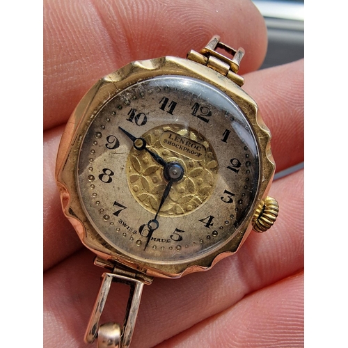 134 - Antique Swiss Made Lenroc 9ct Gold Ladies Cocktail Watch + 9ct Strap (split) - 15.9g