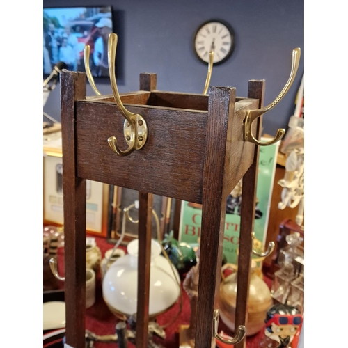 19 - Late Victorian Oak Coat Stand with Brass Fittings - stand height 172.5cm