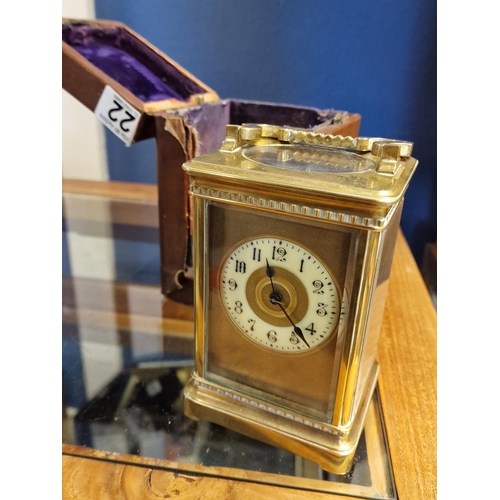 22 - Antique French Carriage Clock with Leather and Velvet Case with Key - marked '358 15/3/15' inside do... 