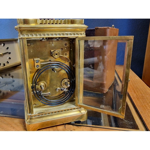 22 - Antique French Carriage Clock with Leather and Velvet Case with Key - marked '358 15/3/15' inside do... 