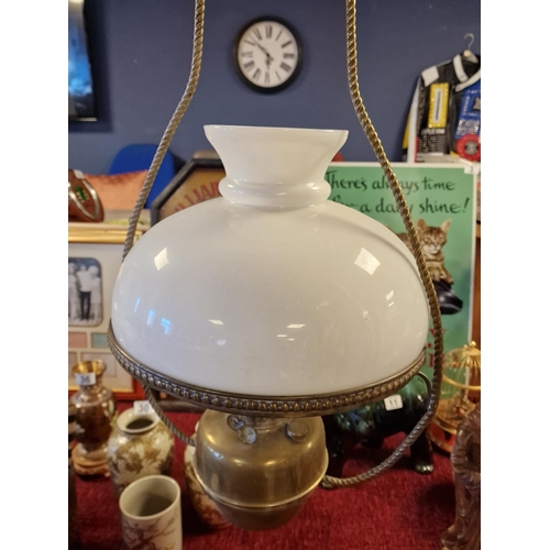 25 - Hanging Brass Oil Lamp with Milk Glass Shade - shade diameter approx 32cm, H approx 57cm