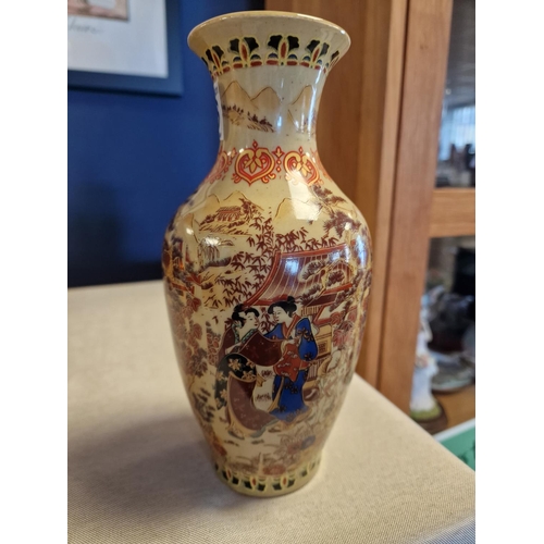 6 - Pair of Chinese Painted Decorated Vases with Character Marks to Base - height 22.5cm