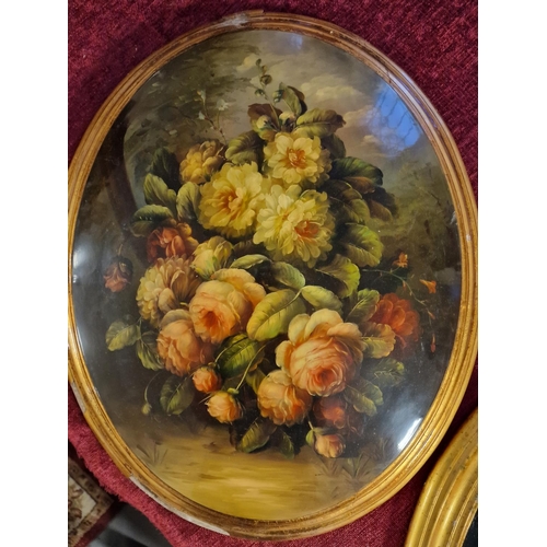 46e - Pair of Oval Convex Vintage Paintings of a Floral Scene and a Young Girl w/dog & cat