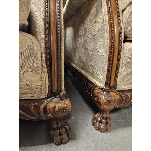 76e - Pair of Well Upholstered Victorian Carved Framed Armchairs