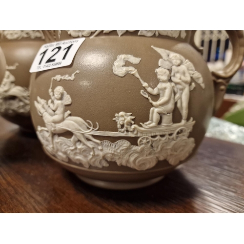 121 - Trio of Medium to Large Jasperware Antique Jugs, 'Cupids & Archery', by David Wilson