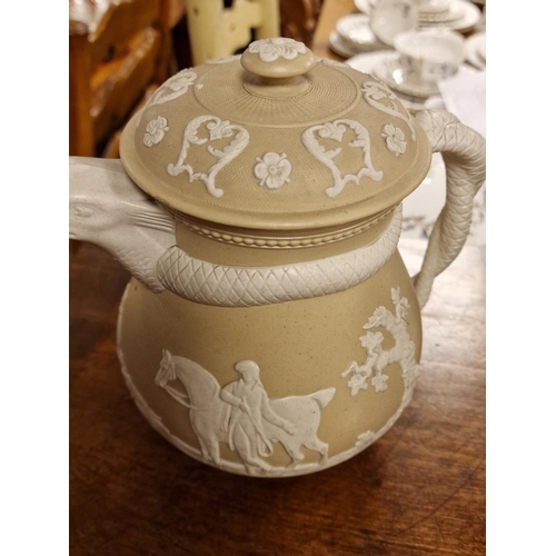 125 - Trio of Hunting Themed Antique Jasperware Jugs, all three with the Chrysanthemum mark, 'Stag Hunt at... 