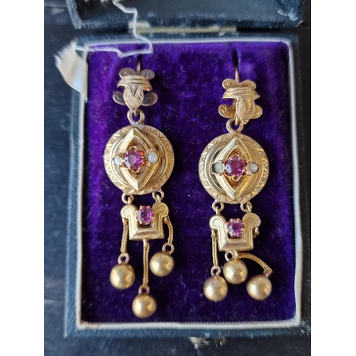 132 - Pair of Continental (possibly French) 14ct Gold Antique Ruby & Pearl Drop Earrings (6.85g) + a Addit... 