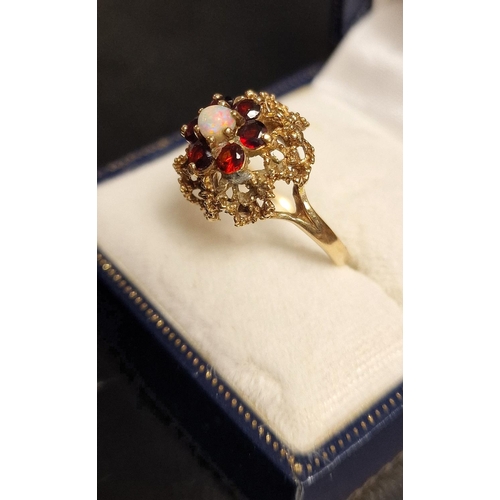 170 - 9ct Gold, Opal & Garnet Cluster Ring, size O and 4.05g