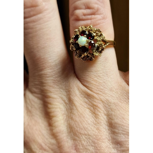 170 - 9ct Gold, Opal & Garnet Cluster Ring, size O and 4.05g