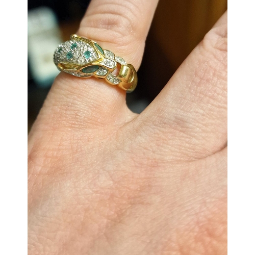 177 - Brooks & Bentley 9ct Gold, Emerald and Diamond Panther Ring, size K+0.5