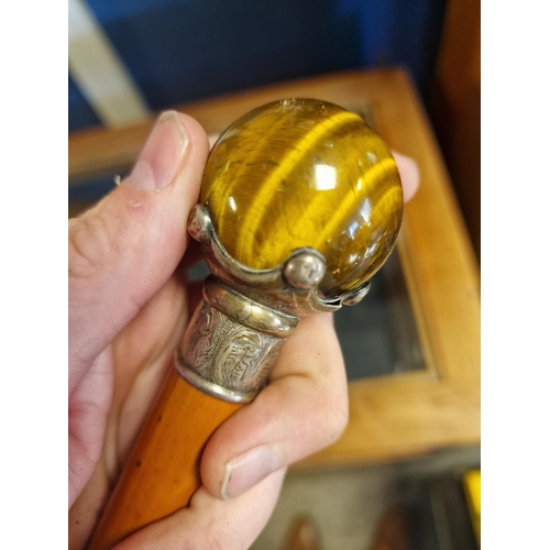 18 - 1912 Birmingham Silver and Tigers Eye Walking Stick - Beautiful Example - 91cm long