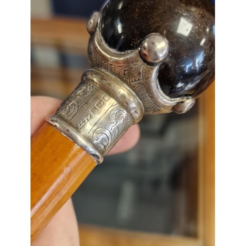 18 - 1912 Birmingham Silver and Tigers Eye Walking Stick - Beautiful Example - 91cm long