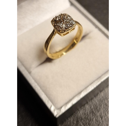 184 - 9ct Gold and Diamond Cluster Ring, size O and 2.7g