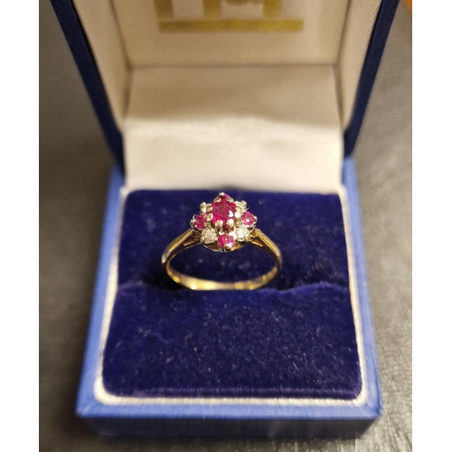 190 - 9ct Gold, Ruby and Diamond Cluster Ring - size N