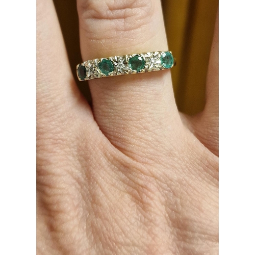 204 - 9ct Gold, Emerald and Diamond Half Eternity Ring - 2.2g, size Q