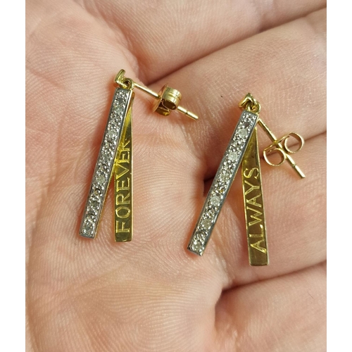 217 - Pair of 'Always & Forever' 9ct Gold & Diamond Drop Earrings - 2.4g