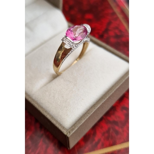 219c - 9ct Gold and Pink Diamond (synthetic) Dress Ring w/ diamond shoulders - size P, 2.4g