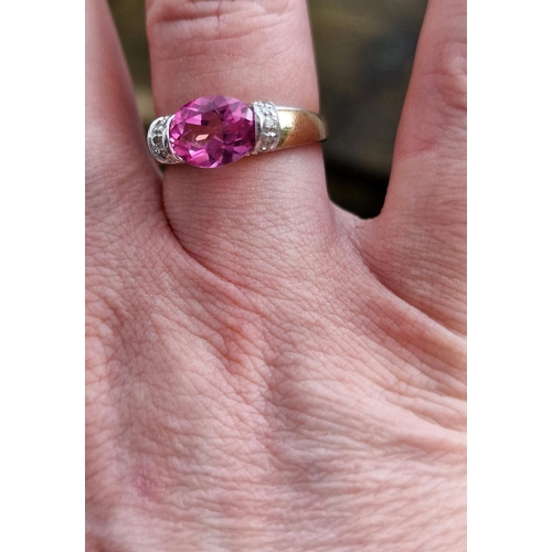 219c - 9ct Gold and Pink Diamond (synthetic) Dress Ring w/ diamond shoulders - size P, 2.4g