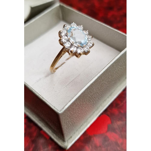 219i - 9ct Gold Blue Topaz and CZ Cluster Ring - size O