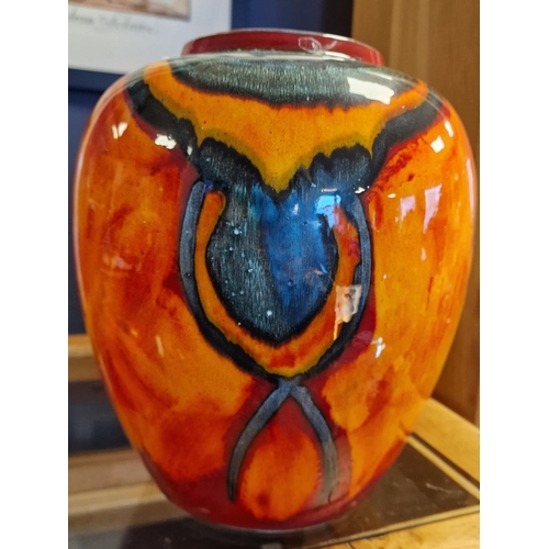 27 - Retro Poole Pottery Large Red Peacock/Volcano Lidded Ginger Jar - 23cm across by 32cm high