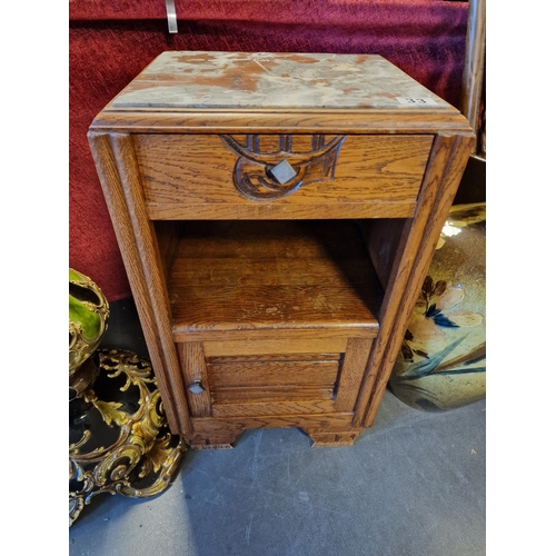 33 - Oak & Marble Topped Bedside Cabinet - Arts & Crafts style - 66x38x32cm