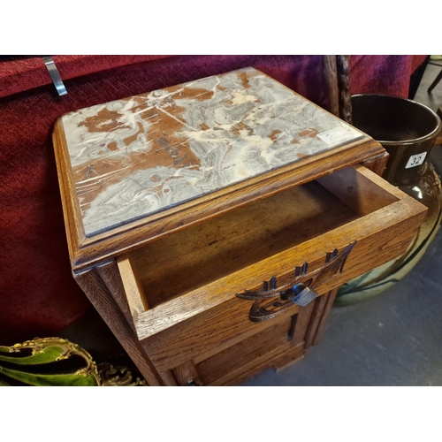 33 - Oak & Marble Topped Bedside Cabinet - Arts & Crafts style - 66x38x32cm