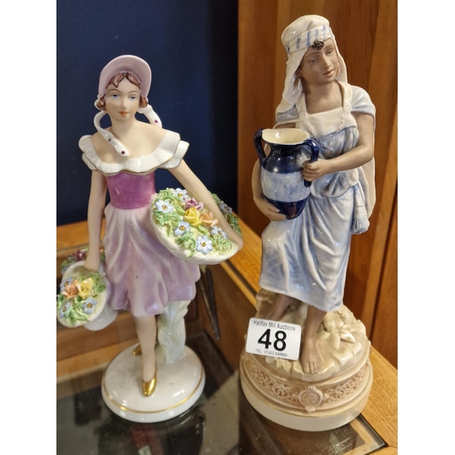 48 - Pair of Royal Dux Porcelain Flower and Water Carrier Figures - one modern, one 1930's