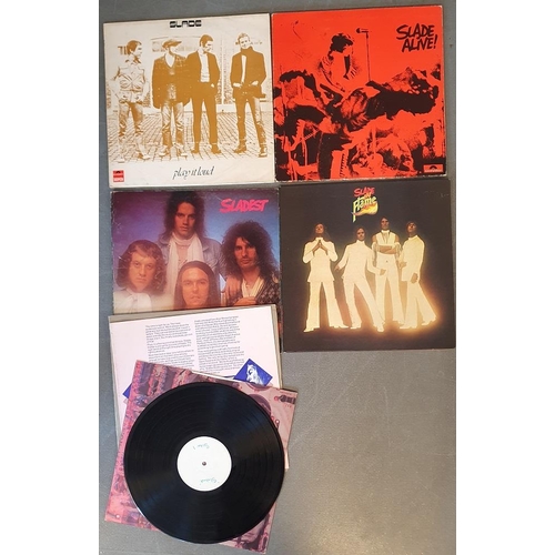 87 - Quartet of LP Vinyl Records by Slade, comprising Sladest [white-label pressing], Flame, Live and Pla... 