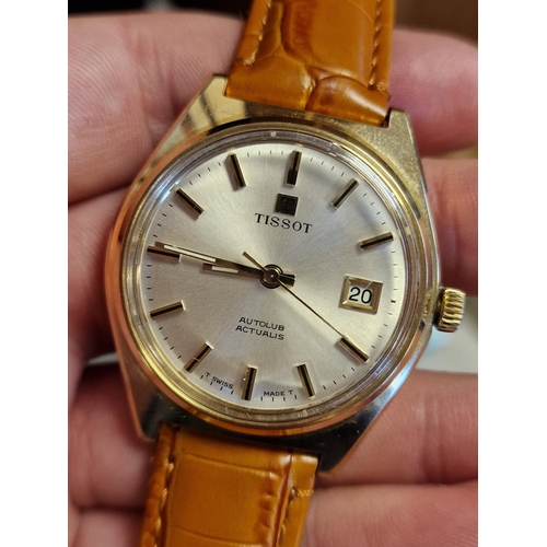 206b - 1970's Gents Tan Leather Gold Plated Swiss Tissot Autolub Actualis Hand-Wound Wrist Watch