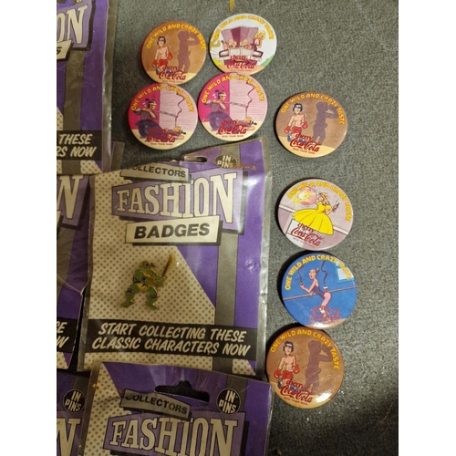 112b - Collection of Fashion TMNT Teenage Mutant Ninja Turtles Pin Badges and Cherry Coca Cola Retro Badges