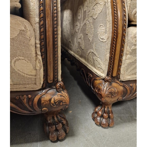 129g - Pair of Well Upholstered Victorian Carved Framed Armchairs