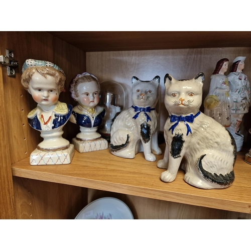 49e - Pair of Antique Staffordshire Cats and a Pair of Child Busts