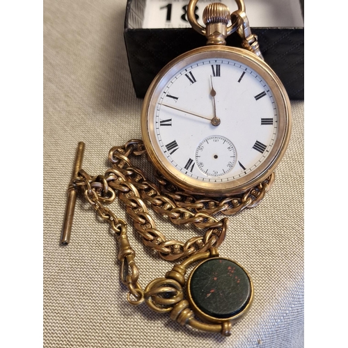 184 - Waltham Mass AWW Co Gold Plated Pocketwatch w/a JFSS Albert Plated Chain & Fob/T-Bar