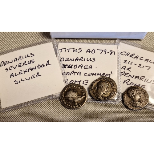 188 - Trio of Roman Empire Coins, Denarius Alexander Silver, Titus 79-81AD of Rome + an 211-217AD Caracall... 