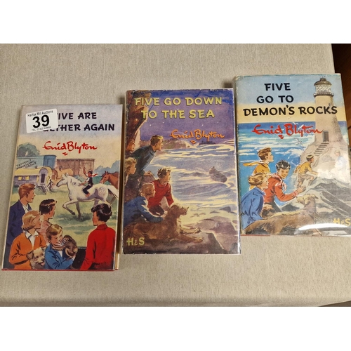 39 - Trio of First Edition Enid Blyton Famous Five Books inc Five are Together Again, Five Go to Demon's ... 