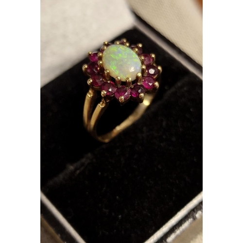 219 - 9ct Gold, Opal and Garnet Cluster Ring - size L, 2.6g