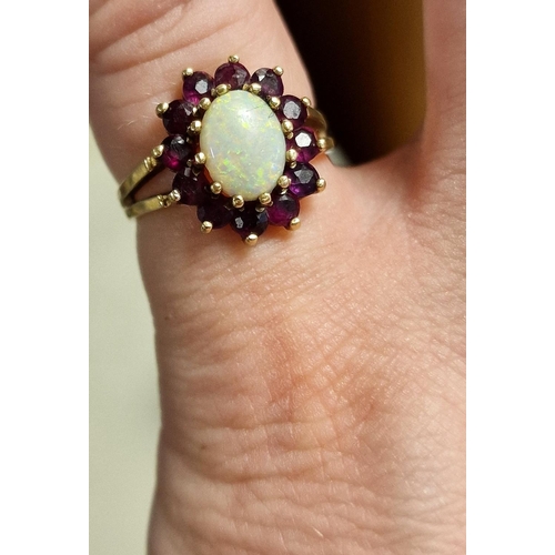 219 - 9ct Gold, Opal and Garnet Cluster Ring - size L, 2.6g