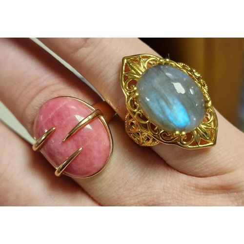 252 - Pair of 925 Silver Gilded (Gold) Fashion Rings w/Cabochons - size M+0.5 & O+0.5