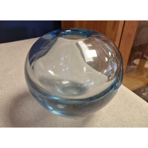 12 - Scandinavian Vintage Round Blue Glass Vase - signed 'Holmegaard 1961' to base, approx 13.5cm diamete... 