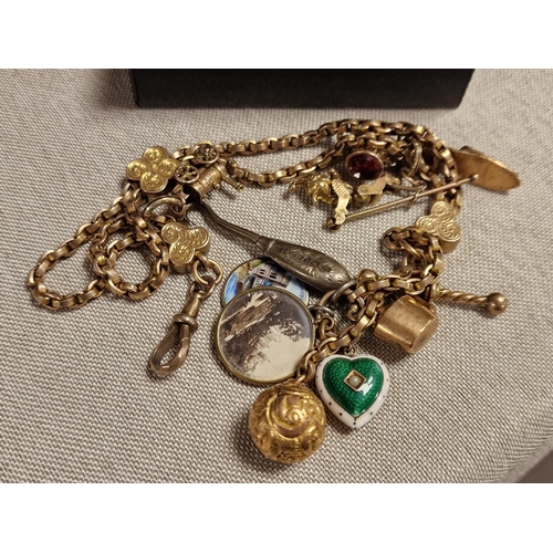 138 - 1930s 9ct Gold Charm Bracelet - 40g, w/ articulated Punch puppet - plus Two Brass Elephant Photo Fra... 