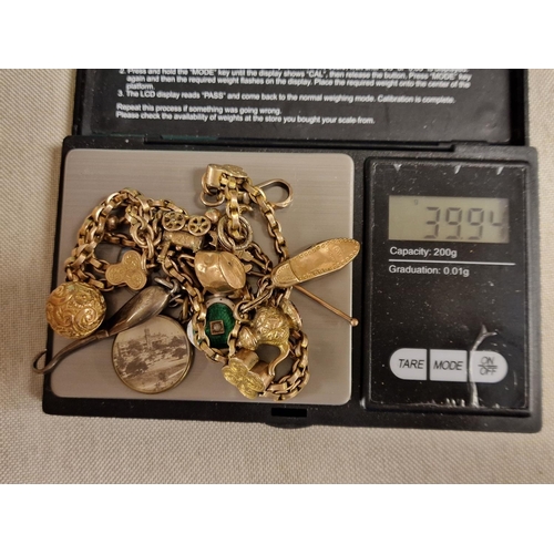 138 - 1930s 9ct Gold Charm Bracelet - 40g, w/ articulated Punch puppet - plus Two Brass Elephant Photo Fra... 