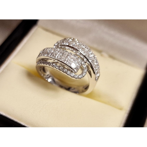 141 - 18ct White Gold and Diamond Crossover Dress Ring - 1.66ct of diamonds, size M+0.5, 6.95g