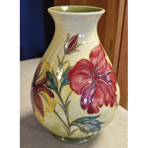 18a - Moorcroft Yellow 'Hibiscus' Vase - 21cm tall, 'Potters to the Late Queen Mary' sticker