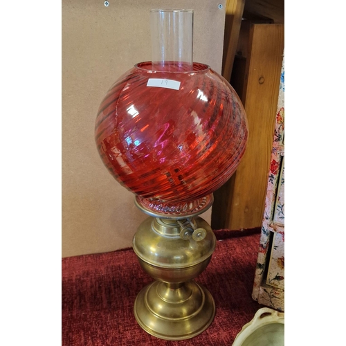 19 - British-Made Duplex Brass Oil Lamp with Cranberry Red Glass Bowl Shade and Chimney - approx 45cm tal... 