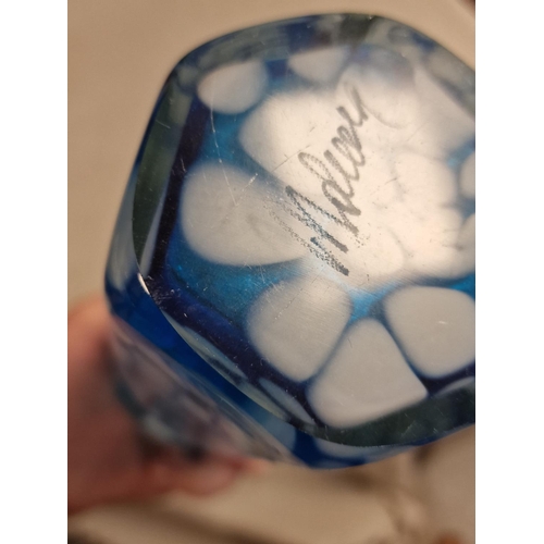 21 - Blue Mottled Maltese Mdina Glass Vase with Signature to Base - 20cm tall