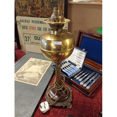 29 - English-Made Duplex Brass Lamp - no shade, converted to electric, approx 51cm tall